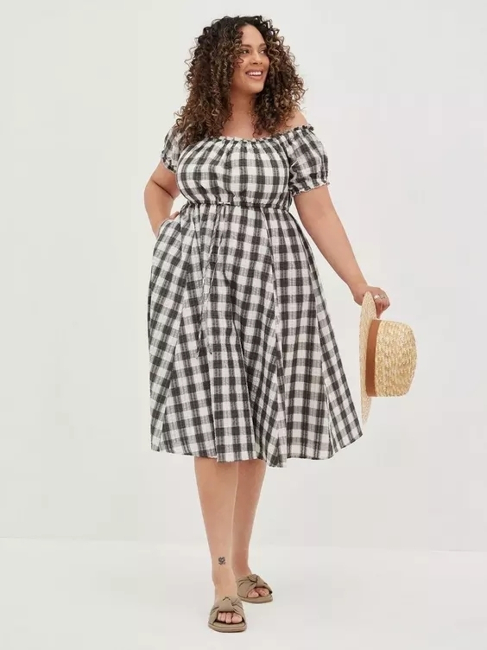 torrid Black & White Gingham Off-Shoulder Midi Dress with Puff Sleeves